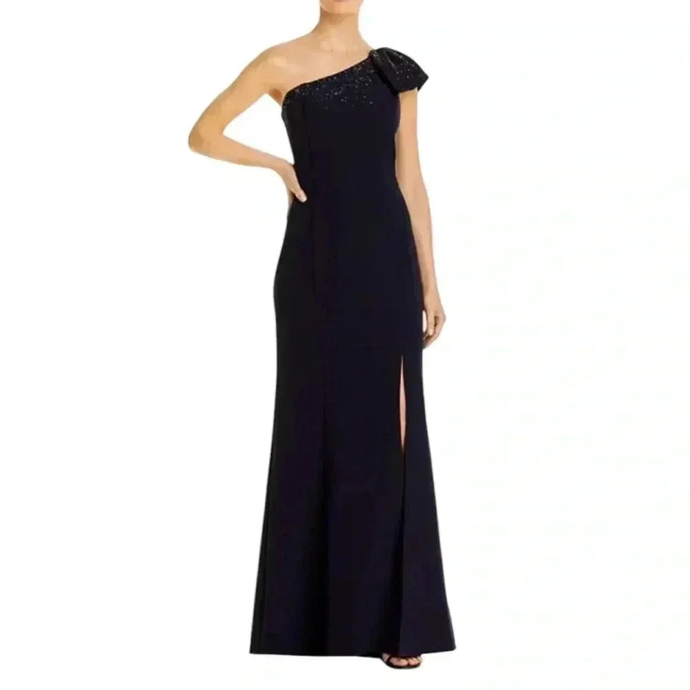 Aidan Mattox One Shoulder Beaded Navy Gown Size 14 NWT